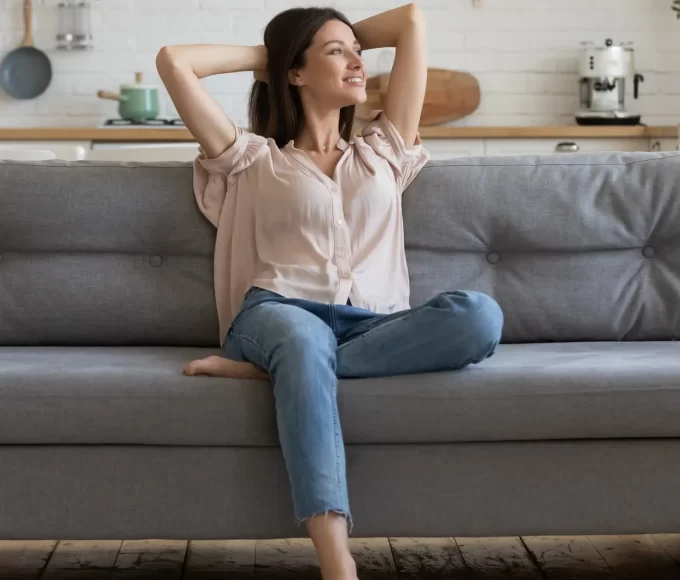 Conforto, estilo, sala de estar, sofás, escolha.